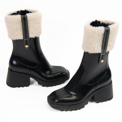 Chloe Ladies Black Rubber Betty Shearling Ankle Wellington Rain Boots 36