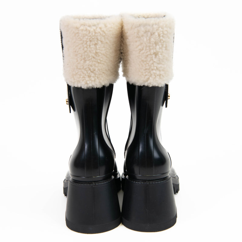 Chloe Ladies Black Rubber Betty Shearling Ankle Wellington Rain Boots 36