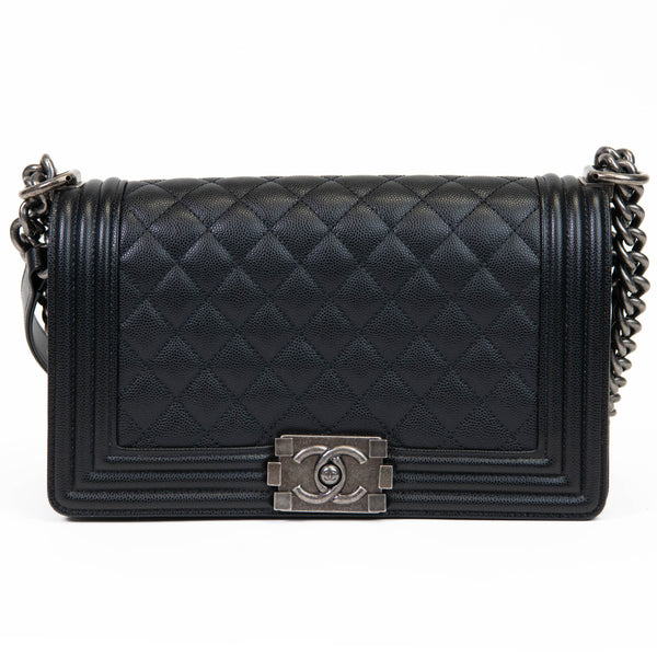 Chanel Black Caviar Leather Quilted Medium Boy Flap