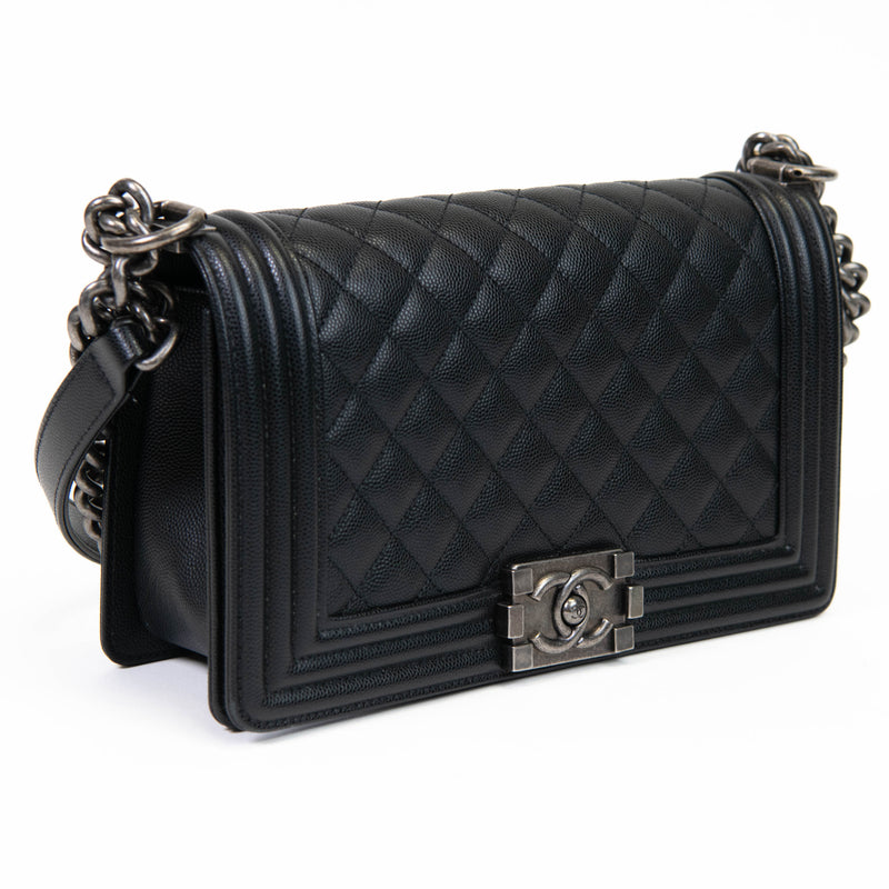 Chanel Black Caviar Leather Quilted Medium Boy Flap