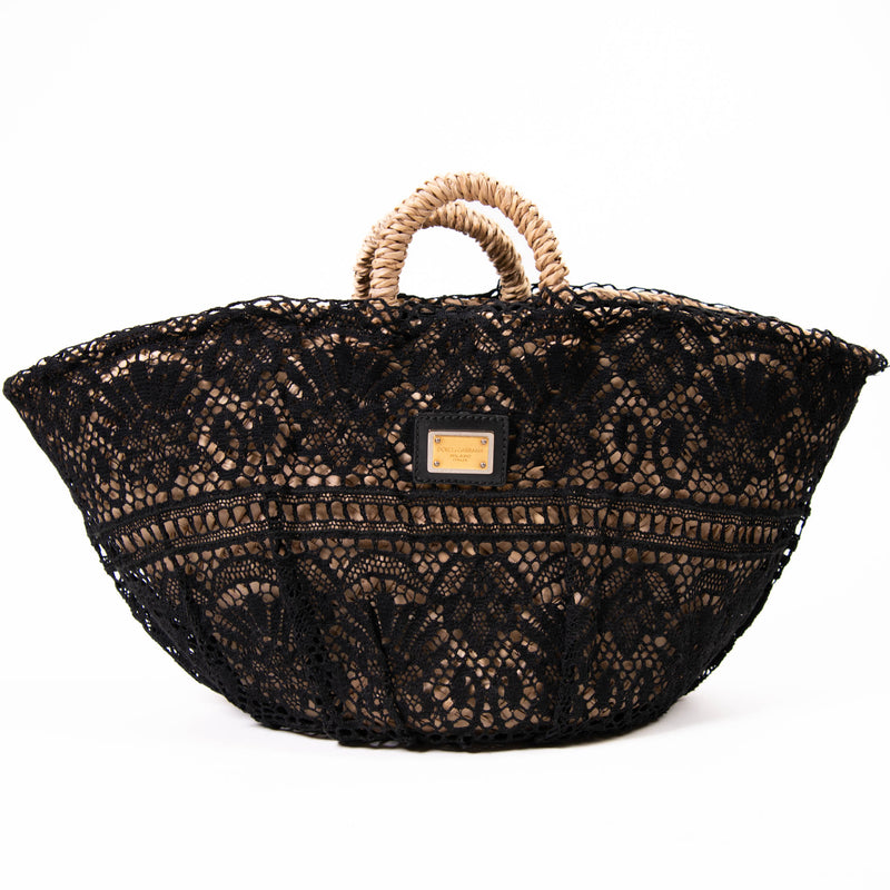 Dolce & Gabbana Beige Raffia And Black Lace Basket Bag