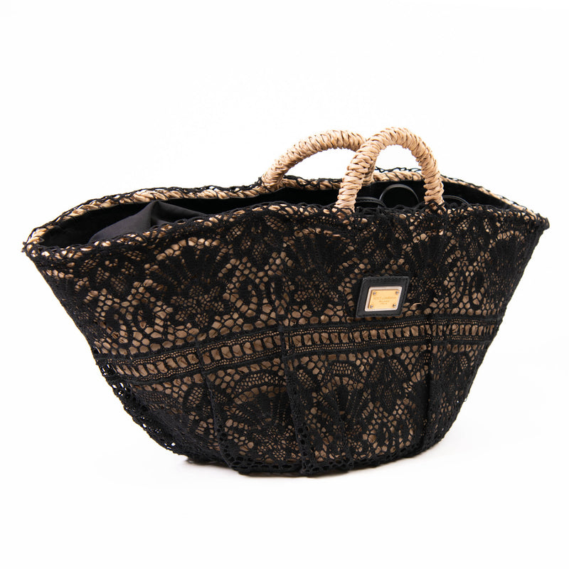 Dolce & Gabbana Beige Raffia And Black Lace Basket Bag