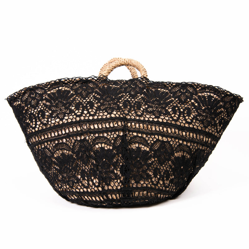 Dolce & Gabbana Beige Raffia And Black Lace Basket Bag