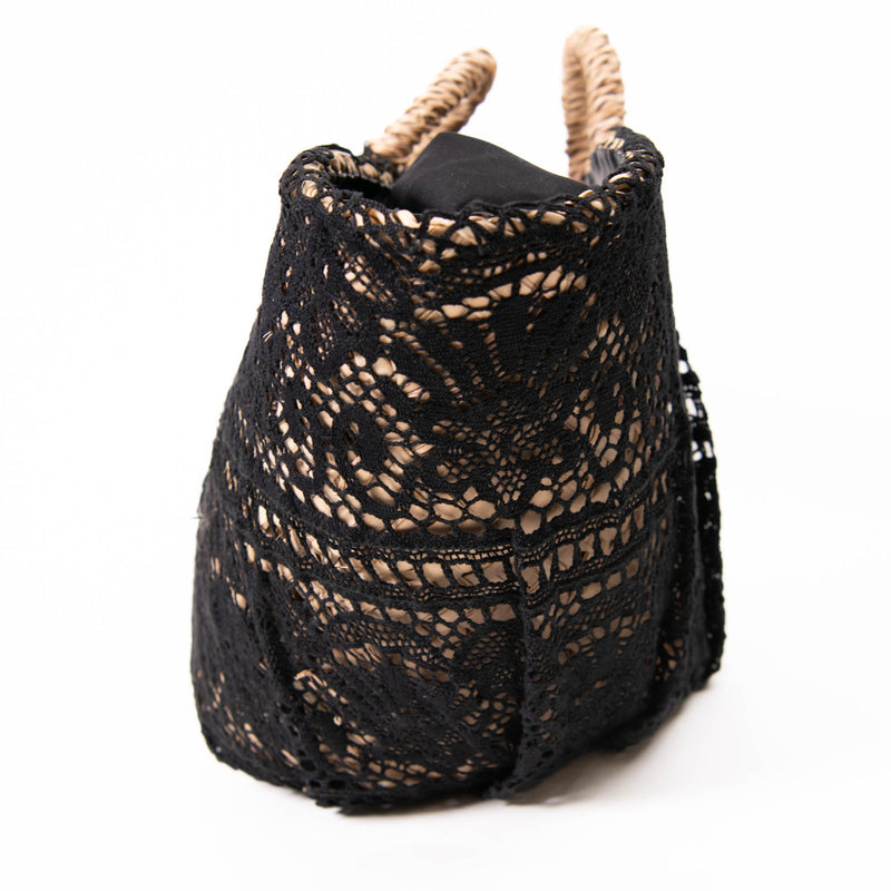 Dolce & Gabbana Beige Raffia And Black Lace Basket Bag