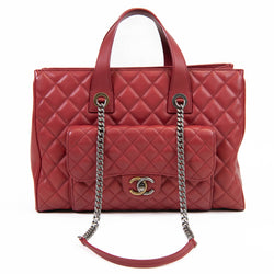 Chanel Quilted Red Caviar Leather Large Casual Pocket Shopping Tote