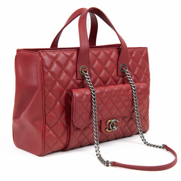 Chanel Quilted Red Caviar Leather Large Casual Pocket Shopping Tote