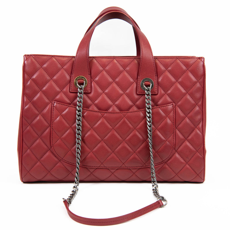 Chanel Quilted Red Caviar Leather Large Casual Pocket Shopping Tote