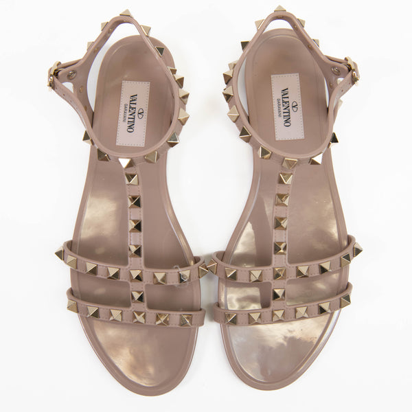 Valentino Garavani Rockstud Flat Tan Rubber Sandals Size 37