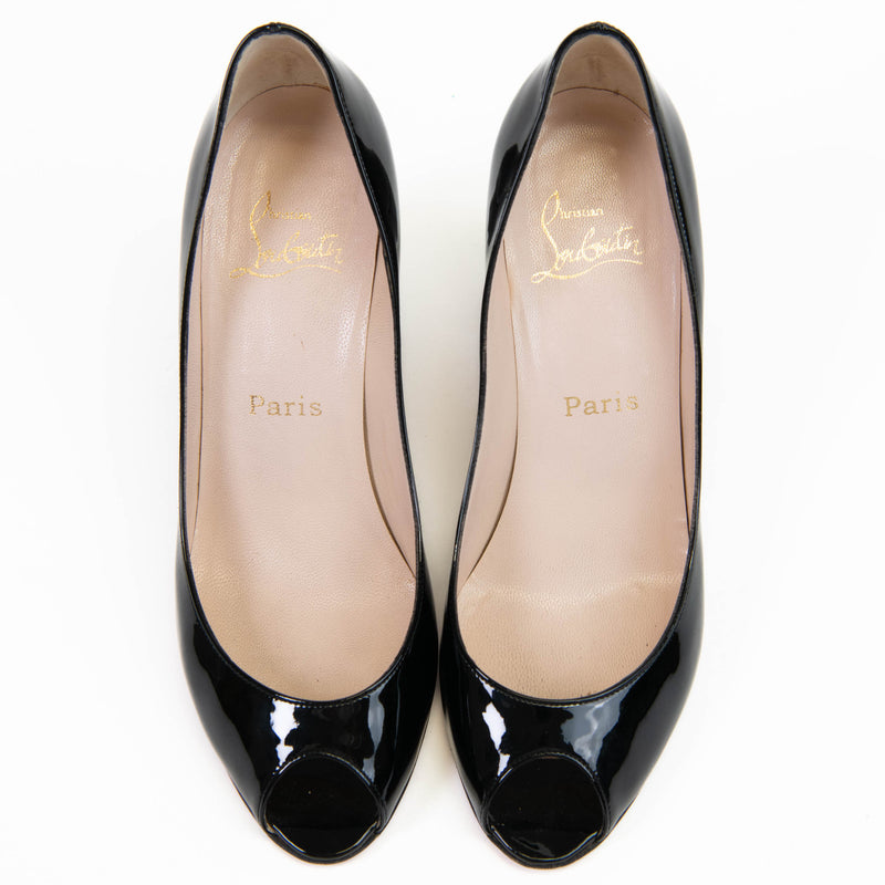 Christian Louboutin Black Patent Leather Jo Peep Toe Pumps 38