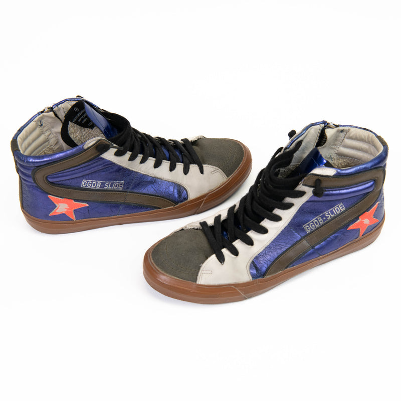 Golden Goose Blue Slide Patent Leather Metallic High Top Sneakers Size 39