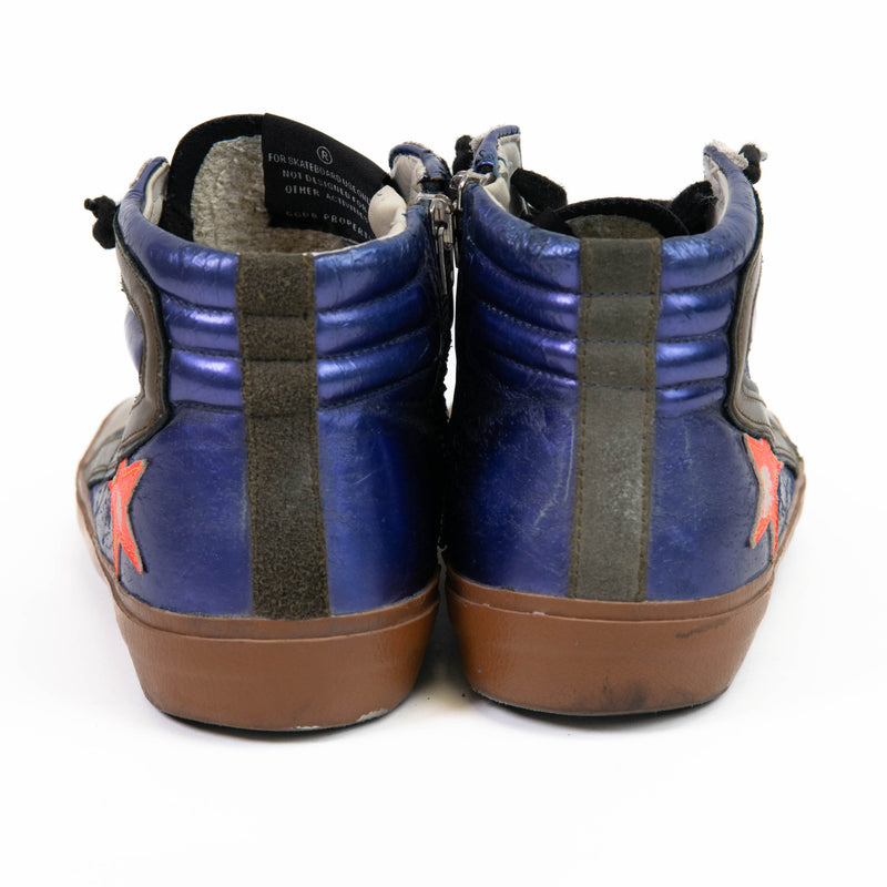 Golden Goose Blue Slide Patent Leather Metallic High Top Sneakers Size 39