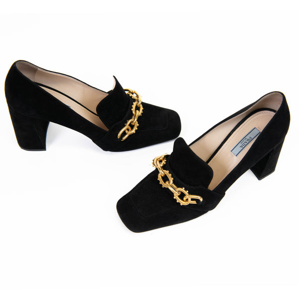 Prada Black Suede Chain-Link Accents Pumps 39