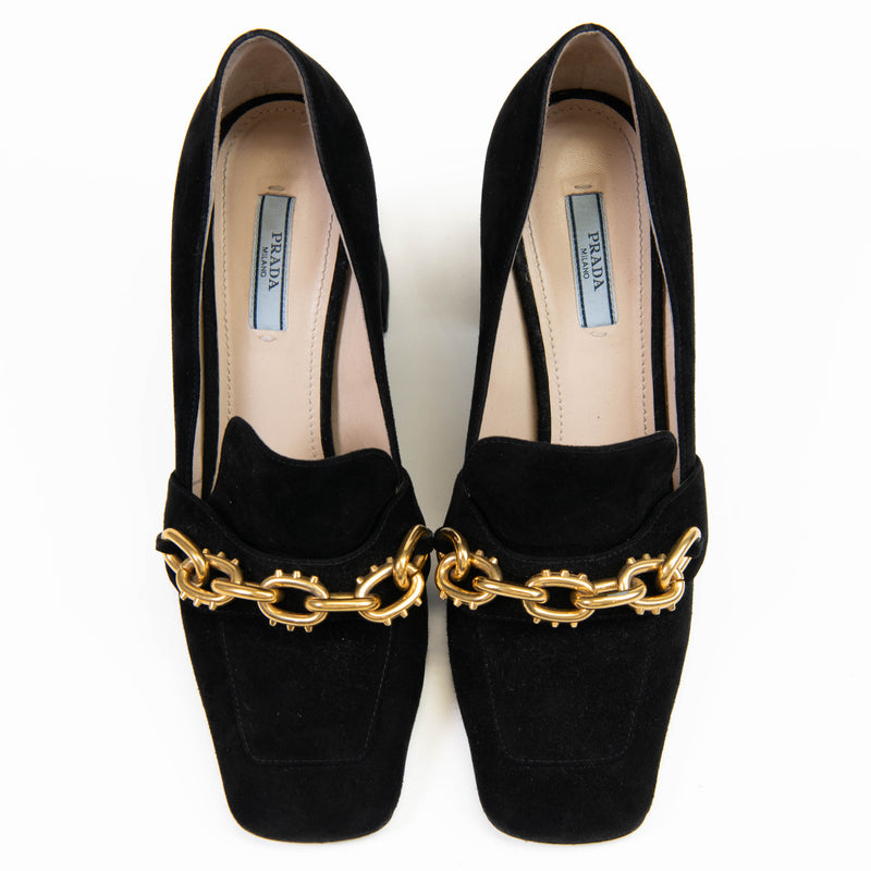 Prada Black Suede Chain-Link Accents Pumps 39