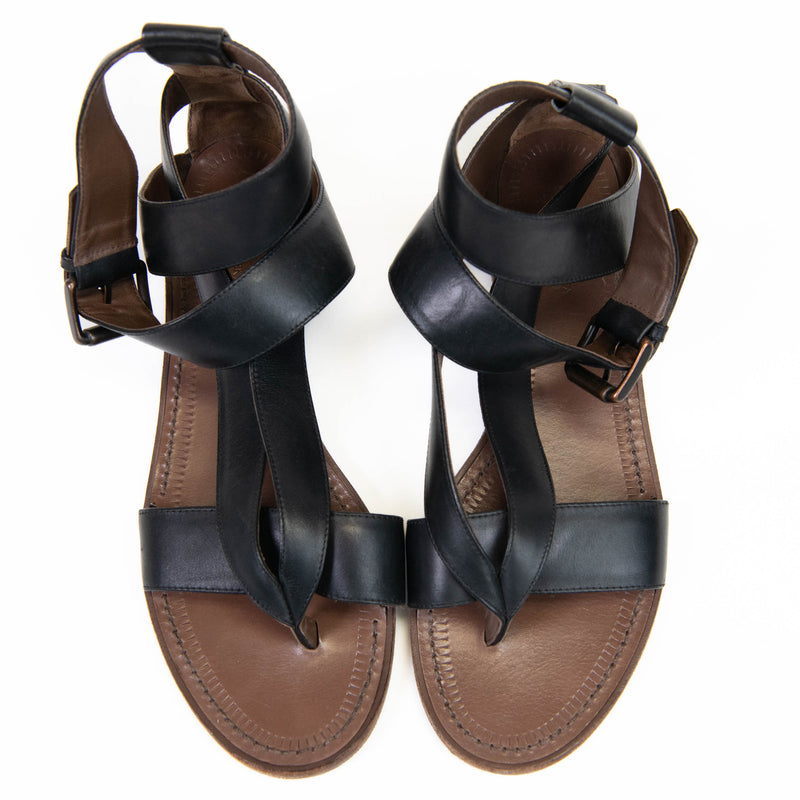 Bottega Veneta Black Leather Slingback Gladiator Sandals Size 37.5