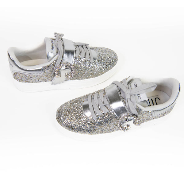 Jimmy Choo Silver Glitter and Leather Osaka Sneakers 37.5