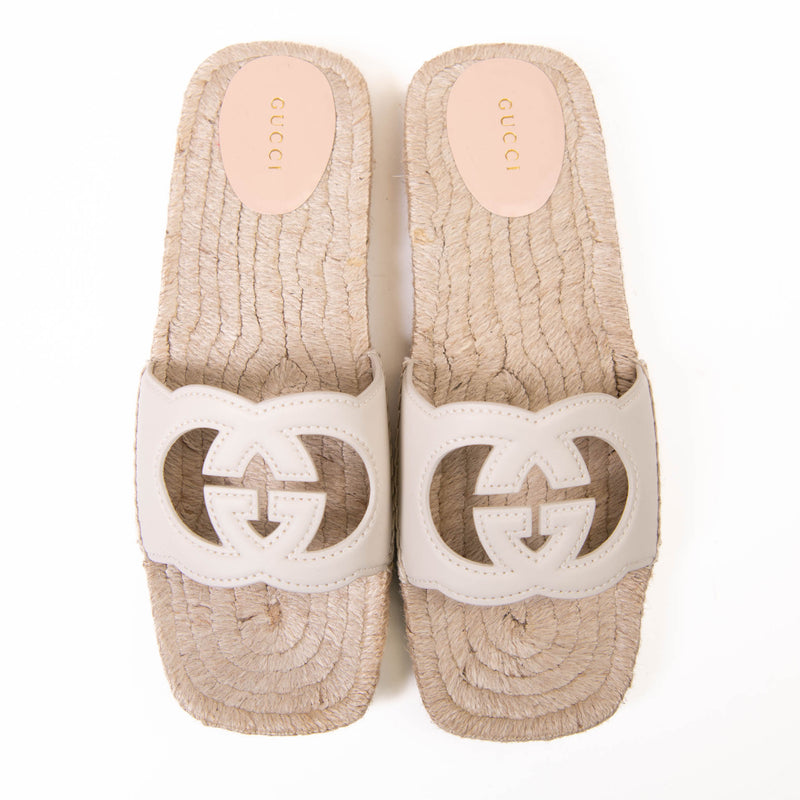 Gucci Interlocking Cream GG Logo Leather Espadrilles Size 40