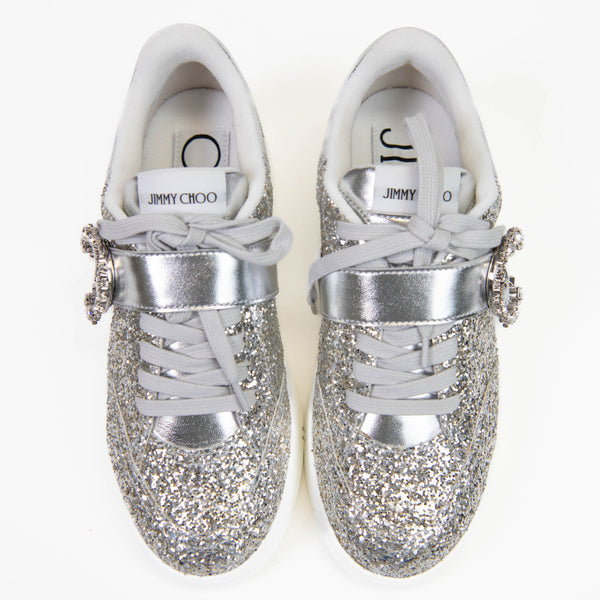 Jimmy Choo Silver Glitter and Leather Osaka Sneakers 37.5