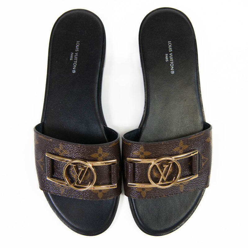 Louis Vuitton Brown Patent Monogram Lock It Flat Mules Size 38