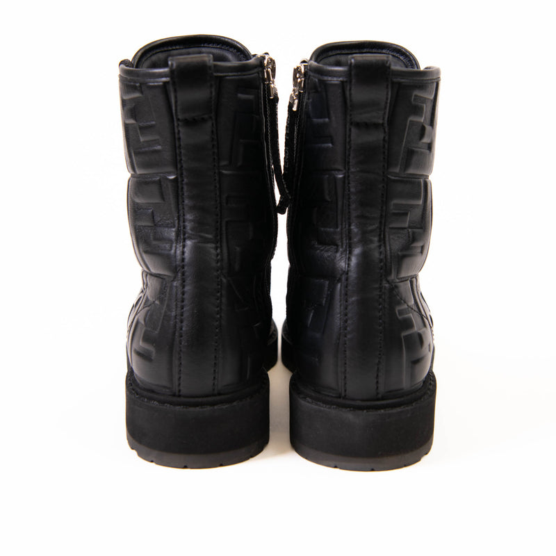 Fendi Black Nappa Leather  FF Embossed Women's Biker Boots Size 37.5