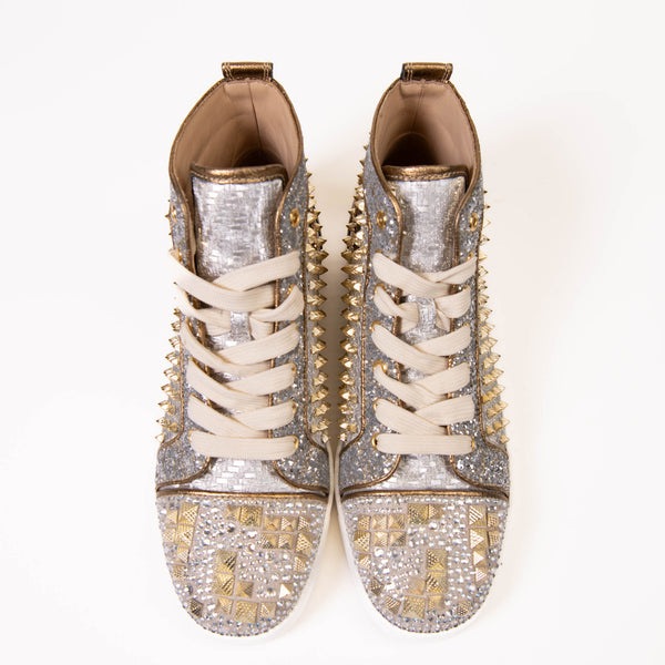 Men's Christian Louboutin Gold Studded Mixkeoshell High Top Sneakers Size 44