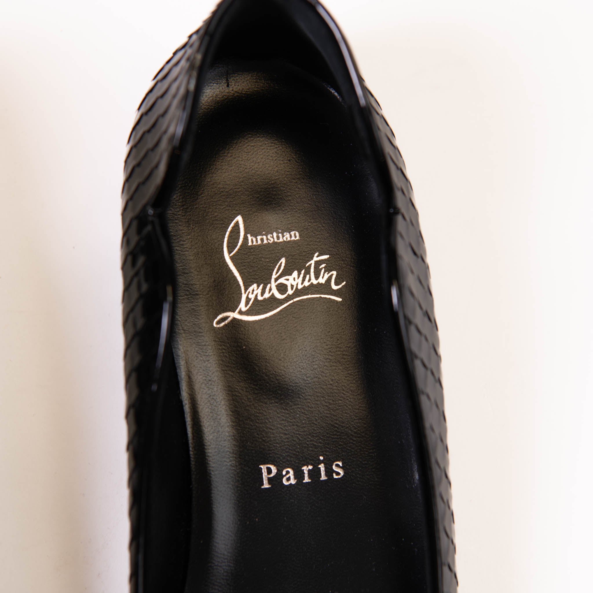 Christian Louboutin Black Patent Snakeskin Embossed Hot