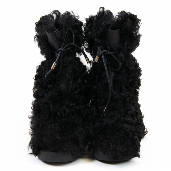 Chanel Black Shearling Sheepskin High Boots 37.5