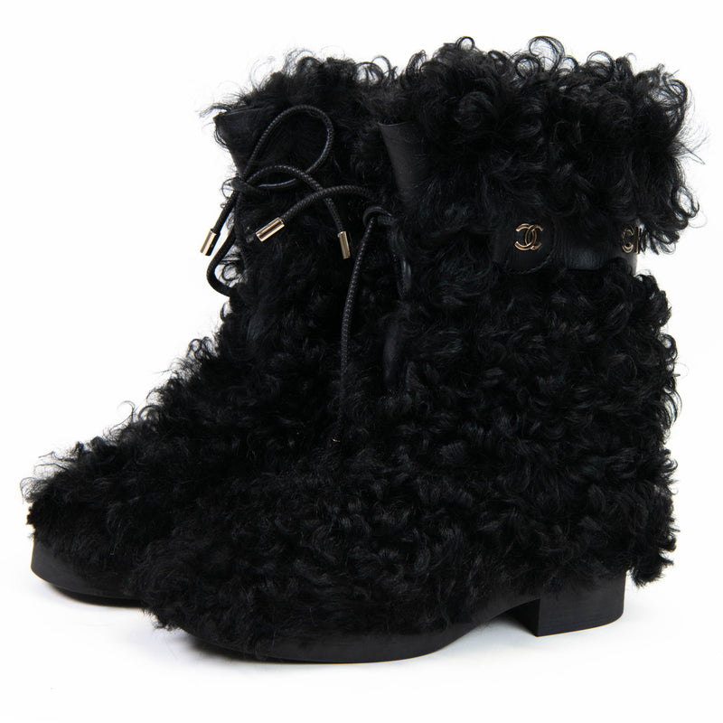 Chanel Black Shearling Sheepskin High Boots 37.5