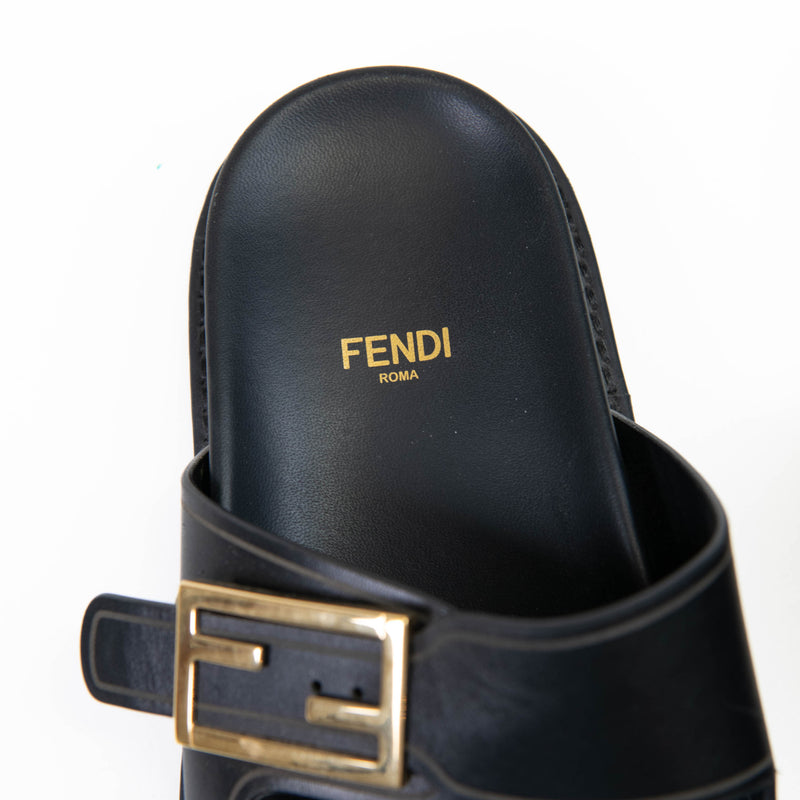 Fendi Black Leather Feel logo-buckle slides 37.5