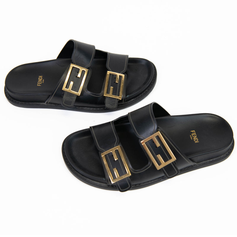 Fendi Black Leather Feel logo-buckle slides 37.5