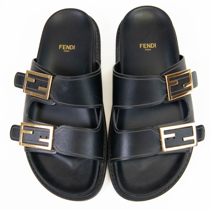 Fendi Black Leather Feel logo-buckle slides 37.5