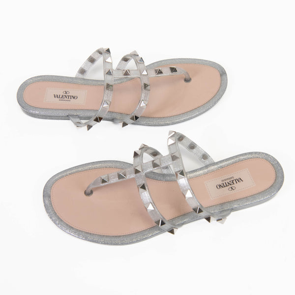 Valentino Garavani  Silver PVC Jelly Glitter Rockstud Caged Flat Thong Sandals 37