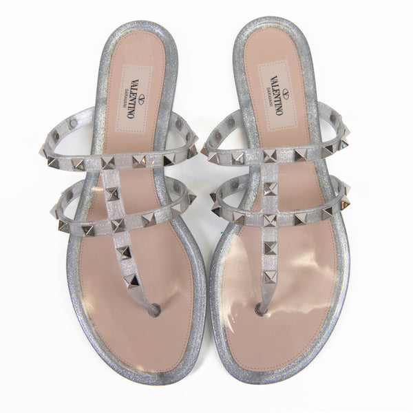 Valentino Garavani  Silver PVC Jelly Glitter Rockstud Caged Flat Thong Sandals 37