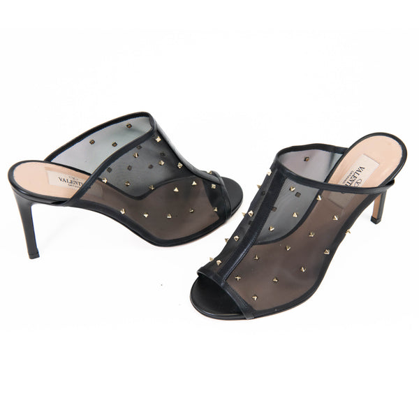 Valentino Black Mesh/Leather Studded 90mm Mule Heels 36