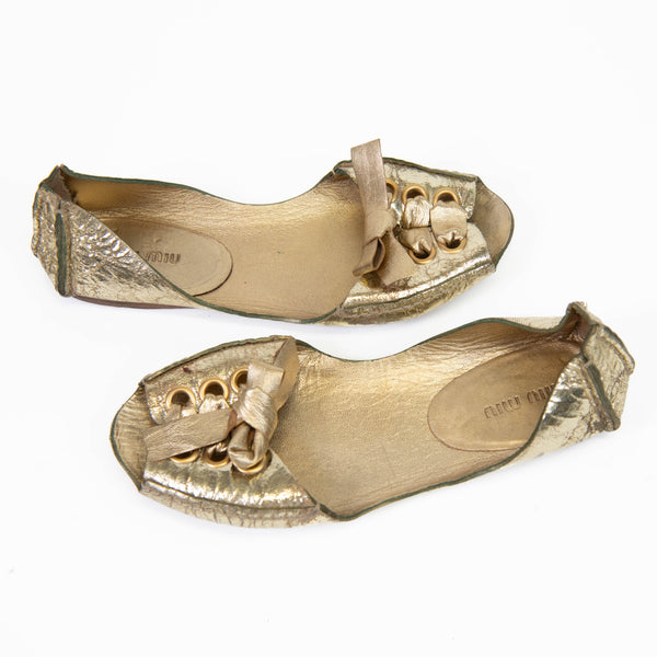 Miu Miu Gold Leather Bow Grommet Accents D'Orsay Flats 37