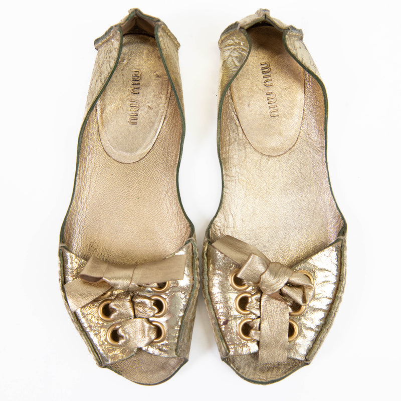 Miu Miu Gold Leather Bow Grommet Accents D'Orsay Flats 37