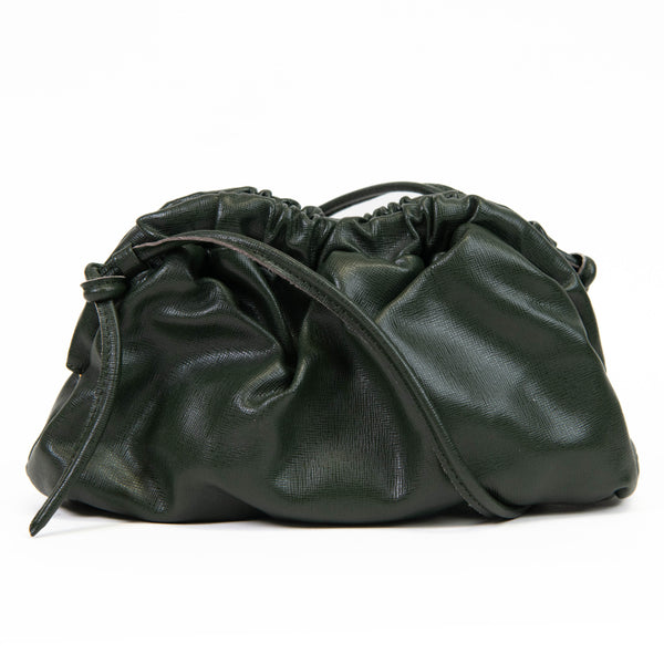 Mansur Graviel Olive Green Leather Ruched Cloud Clutch