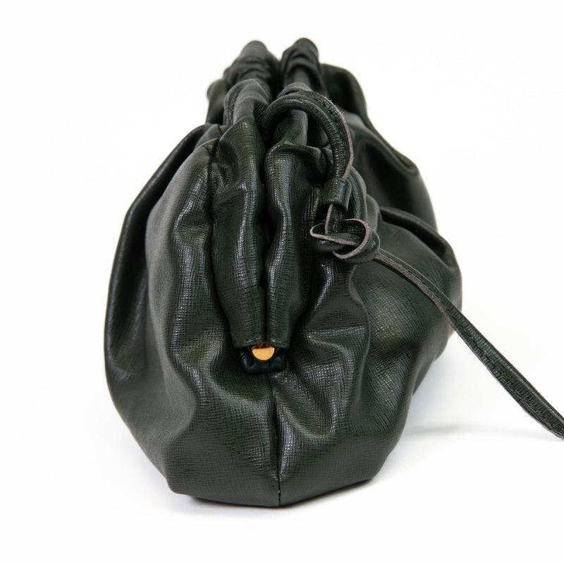 Mansur Graviel Olive Green Leather Ruched Cloud Clutch