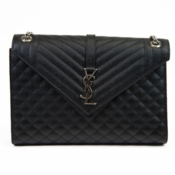 Saint Laurent Black Grain De Poudre Large Tri-Quilt Monogram Satchel