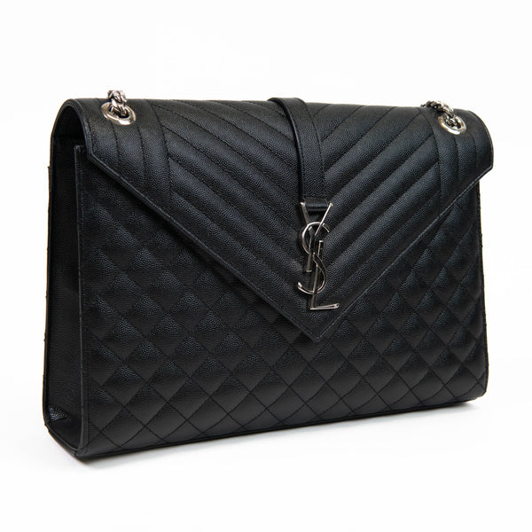 Saint Laurent Black Grain De Poudre Large Tri-Quilt Monogram Satchel