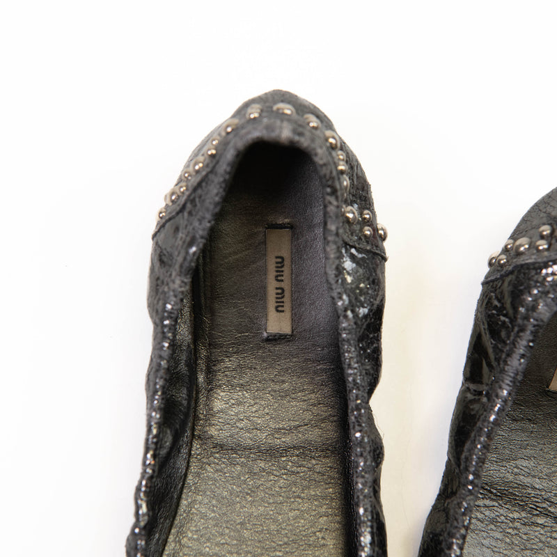 Miu Miu Pewter Grey Leather Studded Ballet Flats 37