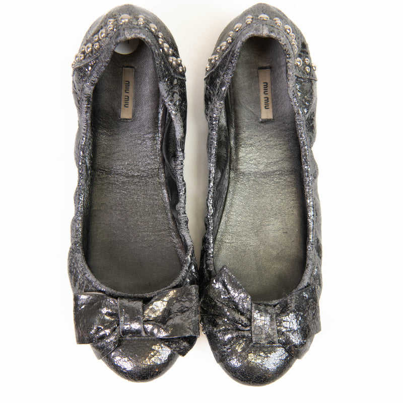 Miu Miu Pewter Grey Leather Studded Ballet Flats 37