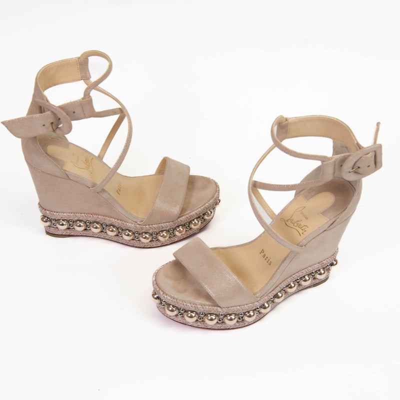 Christian Louboutin Pink Blush Suede Lame Chocazeppa 120 Platform Wedge Sandals 36