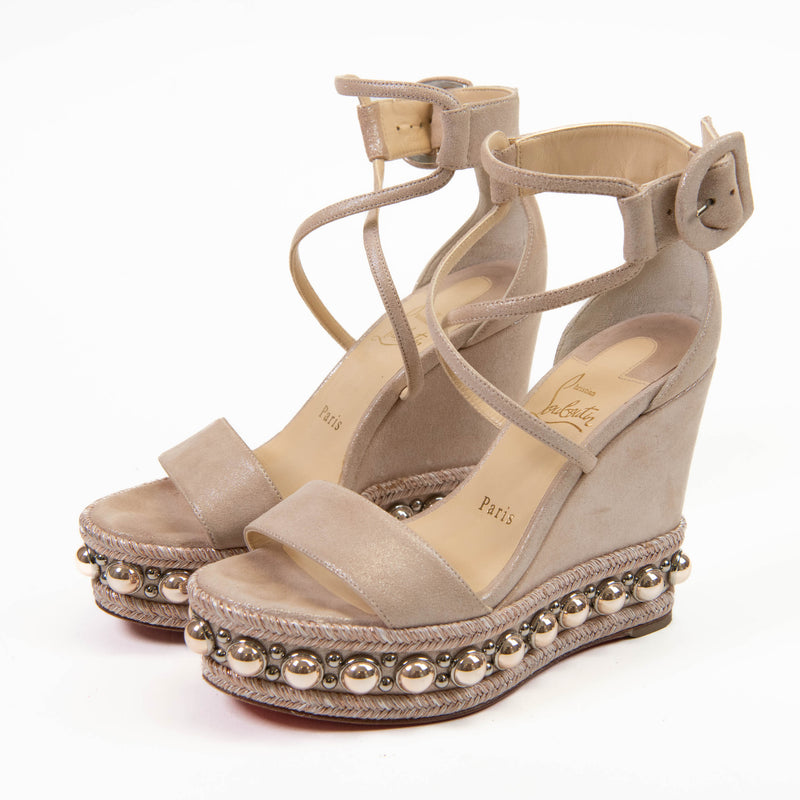 Christian Louboutin Pink Blush Suede Lame Chocazeppa 120 Platform Wedge Sandals 36