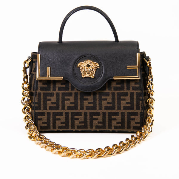 X FENDI  Black & Tan Grained Calfskin Fendace La Medusa Medium Top Handle Bag