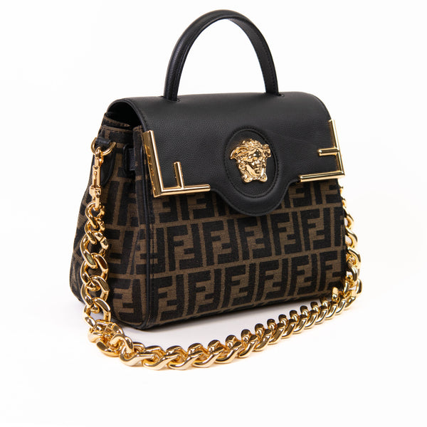 X FENDI  Black & Tan Grained Calfskin Fendace La Medusa Medium Top Handle Bag