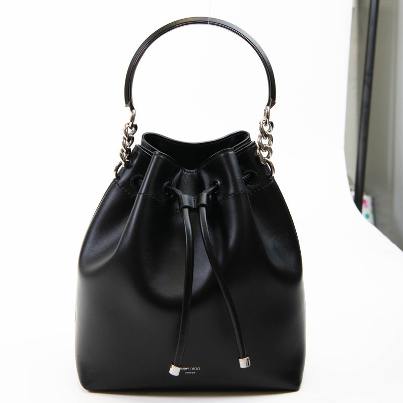 Jimmy Choo Black Smooth Shiny Calfskin Bon Bon Bucket Bag