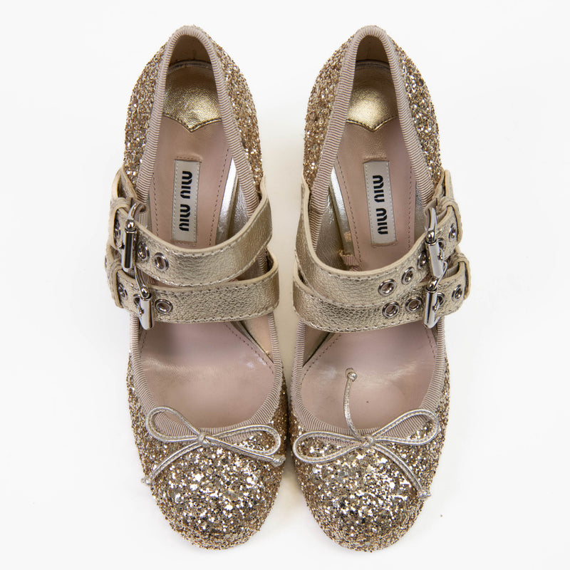 Miu Miu Gold Glitter Patterned D'Orsay Pumps 37.5