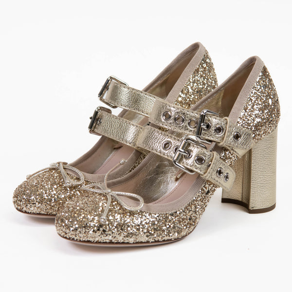 Miu Miu Gold Glitter Patterned D'Orsay Pumps 37.5