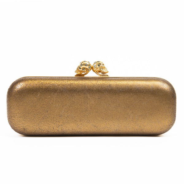 Alexander McQueen Gold Leather Skull Crystal Embellished Box Clutch