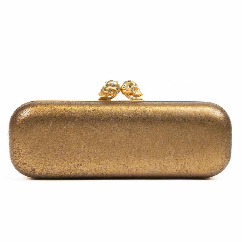 Alexander McQueen Gold Leather Skull Crystal Embellished Box Clutch